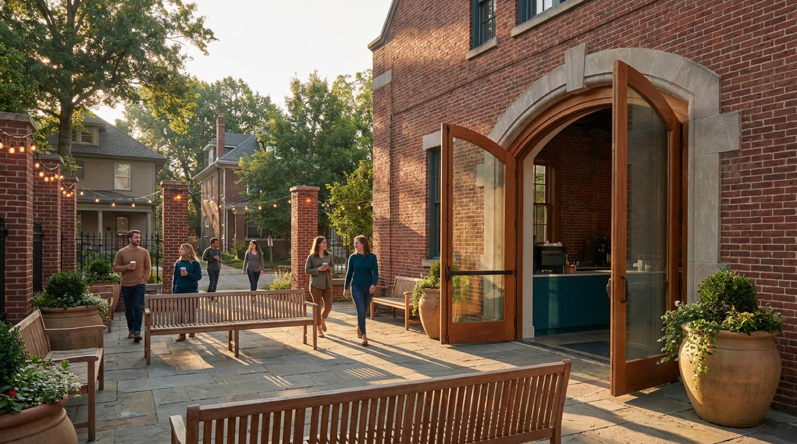 The exterior of Harborstone's renovated brick warehouse at golden hour, doors propped open