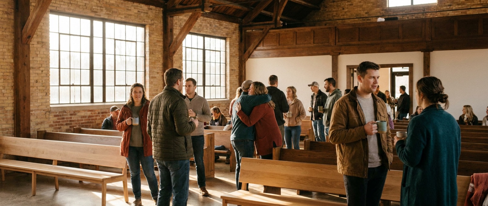 A bright sanctuary lobby before the 11:00 gathering, people greeting each other with coffee in hand, morning light through tall windows