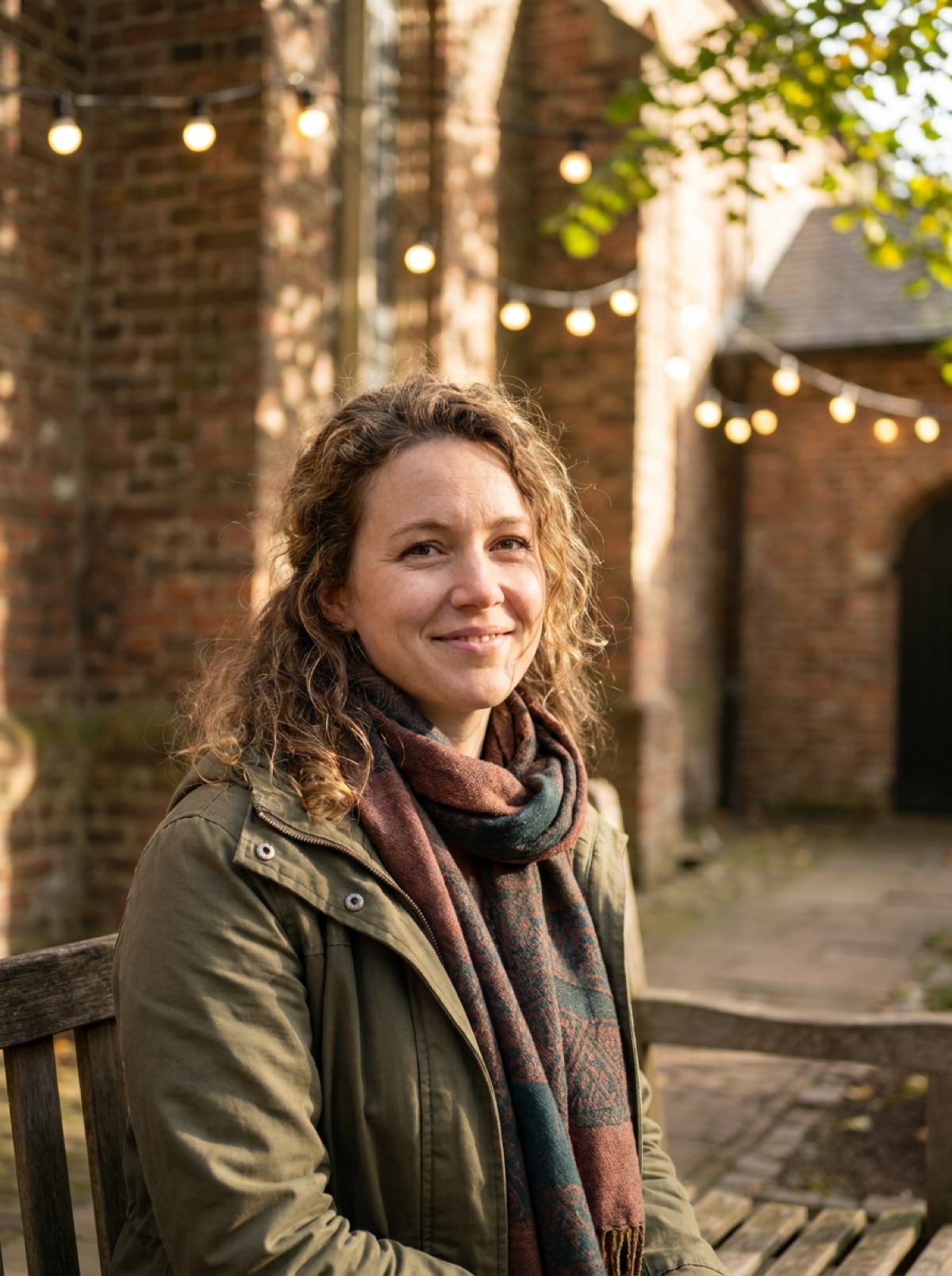 A woman in her thirties in the church courtyard, smiling at someone off camera