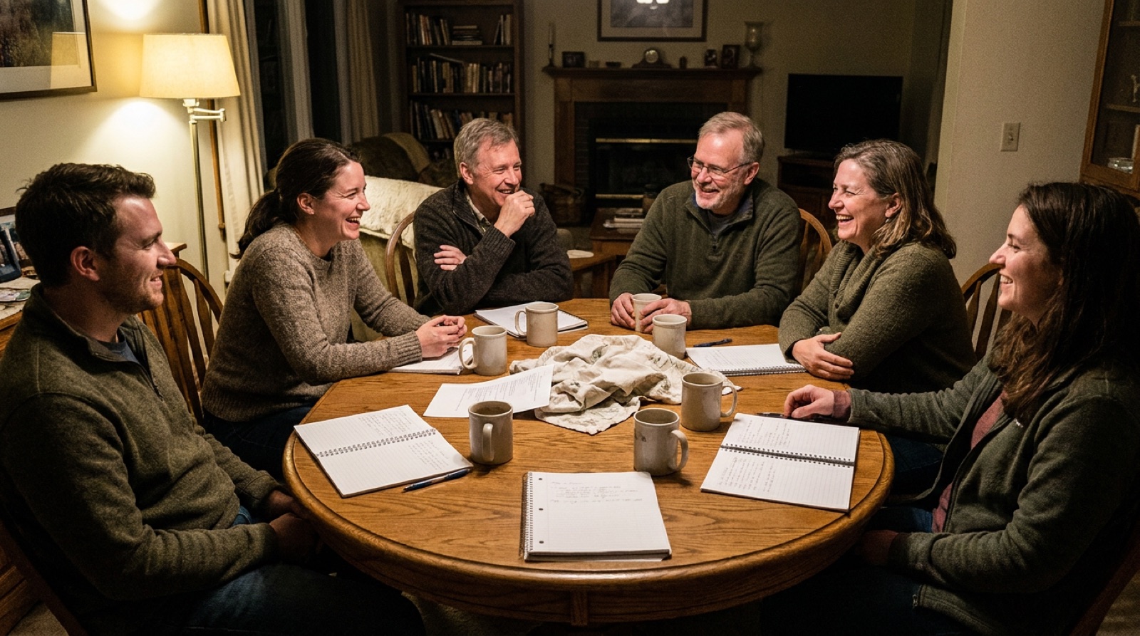 A small group of eight adults laughing around a dinner table in someone's home, dishes half cleared