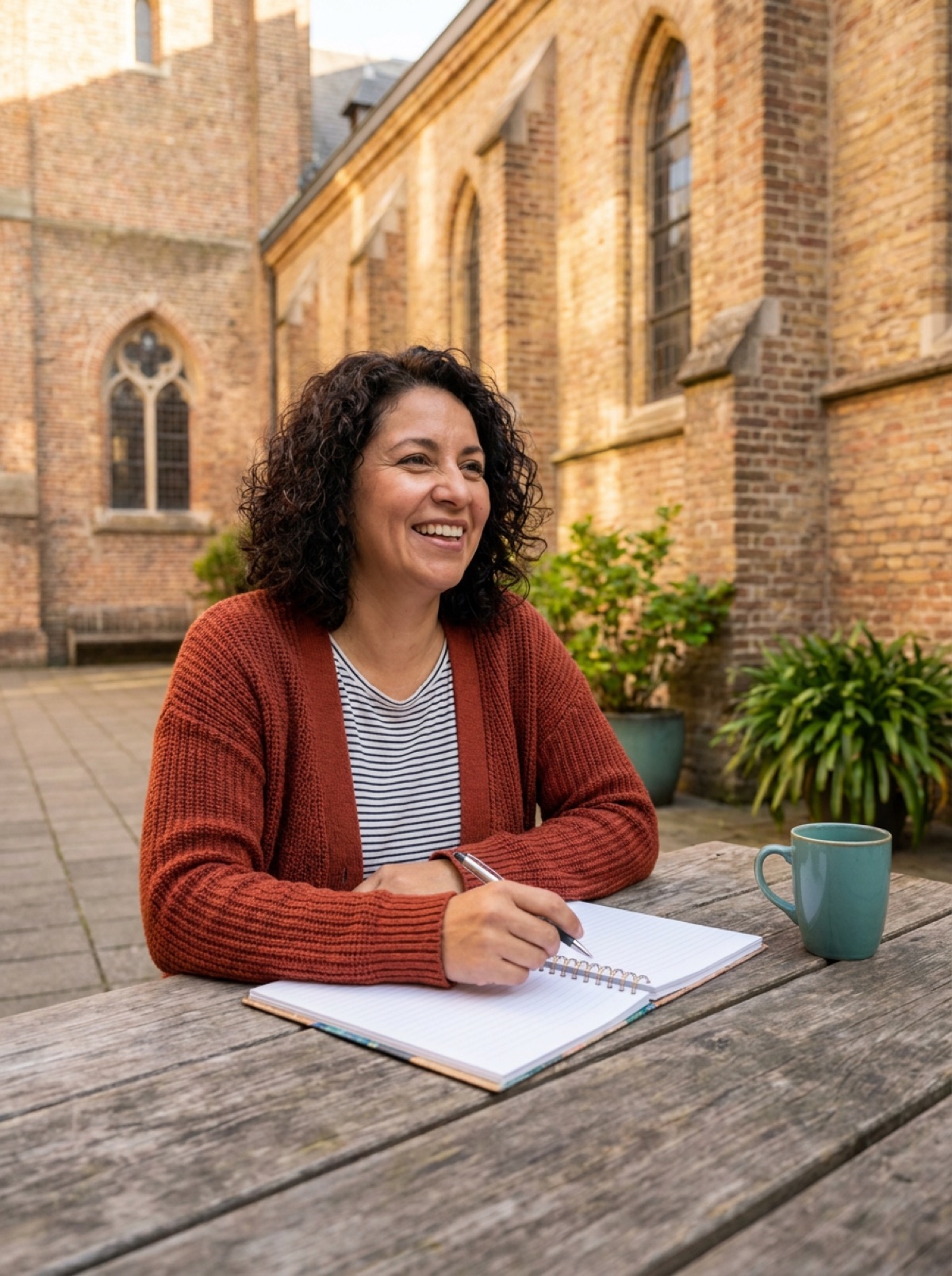 Maria Castellano seated in the church courtyard