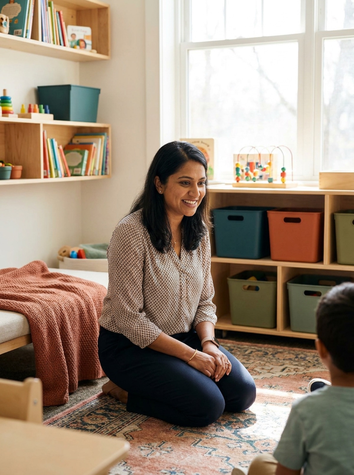 Priya Nair in a colorful children's classroom